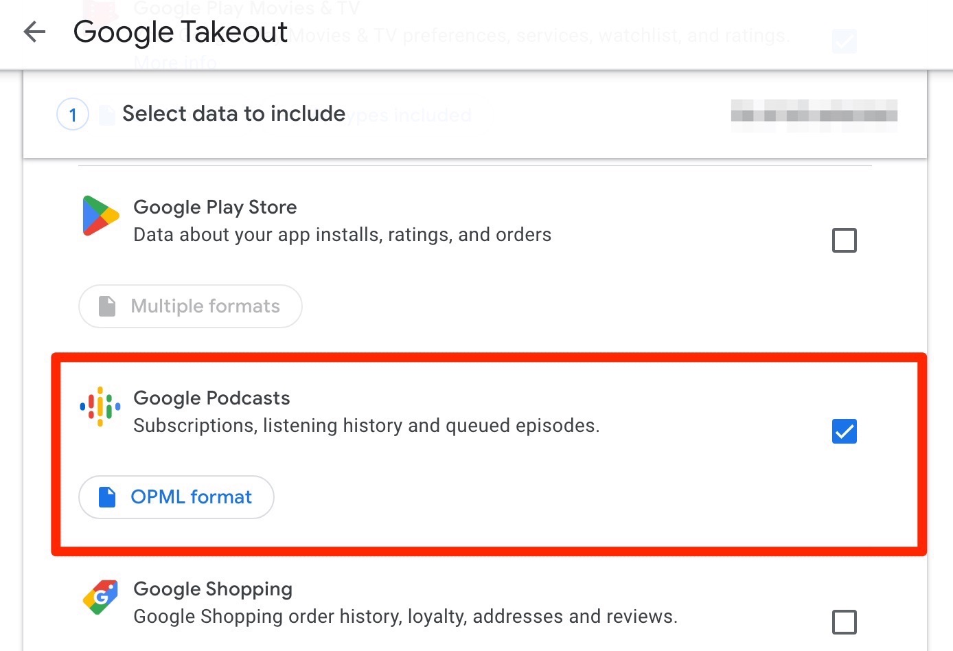 select podcasts in google takeout